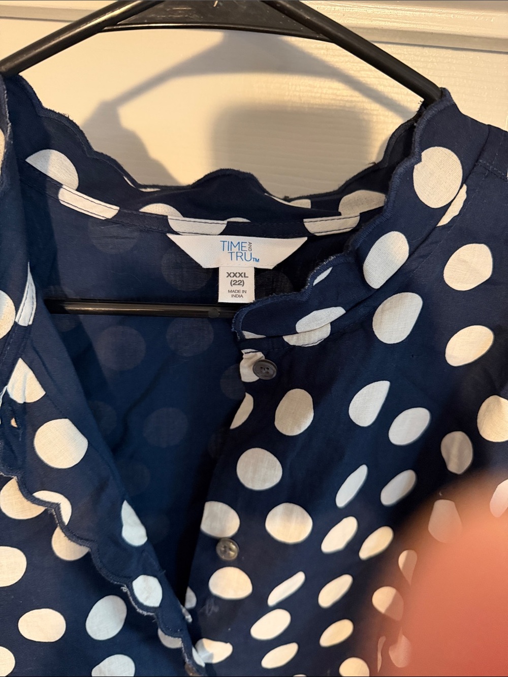 Time and Tru Navy and White Polka Dot Button-Front Blouse